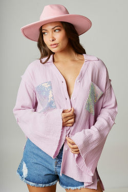 Howdy Sequin Patch Gauze Shirt Lavender