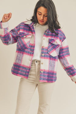 Heavyweight Quilted Plaid Shacket Ivory/Pink