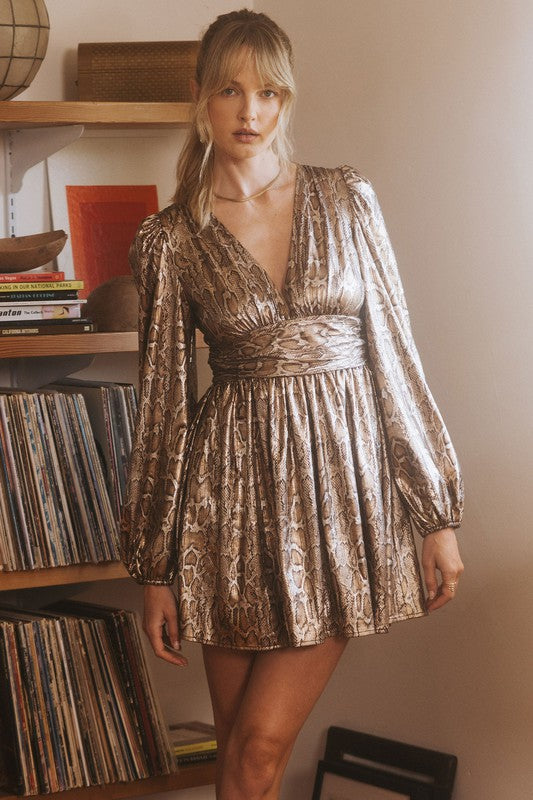 Metallic Pleated Mini Dress Gold