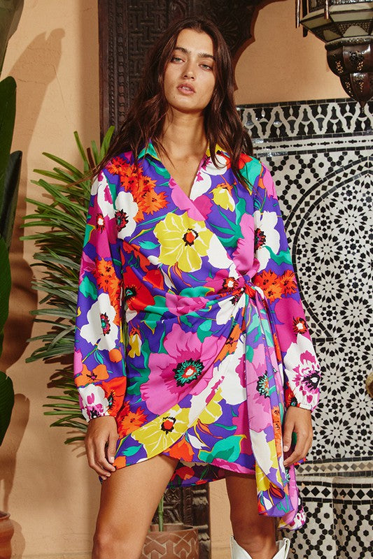 Floral Print Puff Wrap Mini Dress Multi