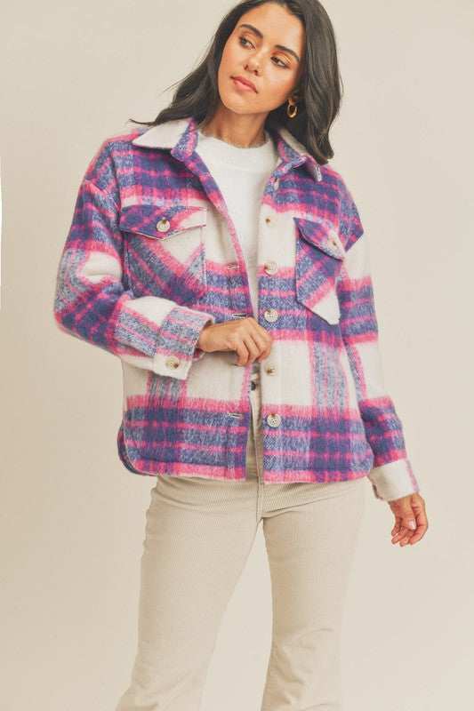 Heavyweight Quilted Plaid Shacket Ivory/Pink