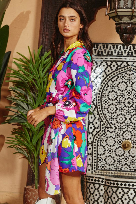 Floral Print Puff Wrap Mini Dress Multi