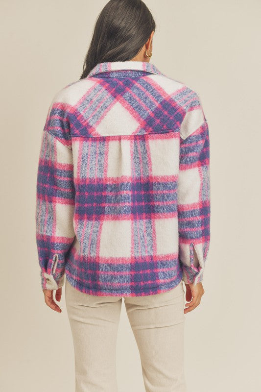 Heavyweight Quilted Plaid Shacket Ivory/Pink