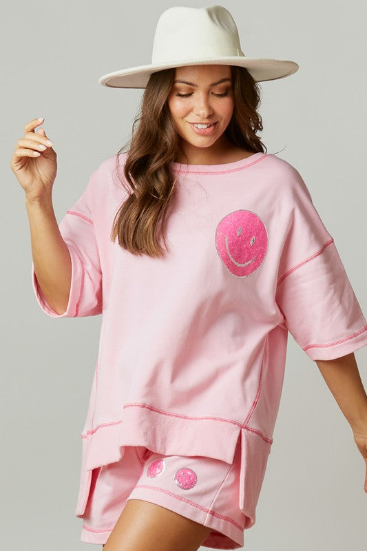 Happy Face Sequin Patch Knit Top Pink