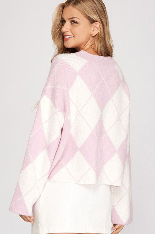 Soft Bell Sleeve Argyle Sweater Lilac
