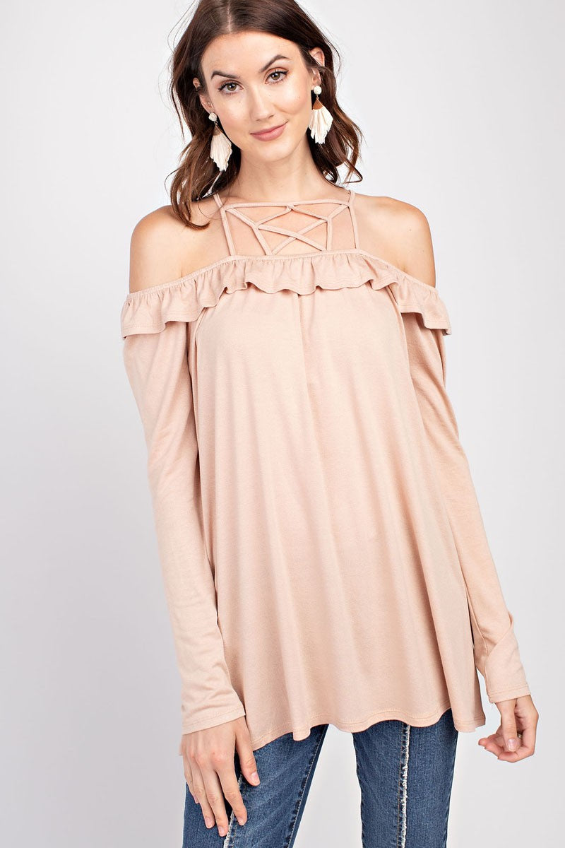 Long Sleeve Lace Up Front & Back Tunic Natural - Athens Georgia Women's Fashion Boutique