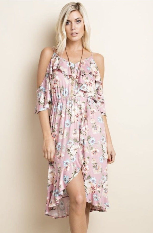 Floral Print Cold Shoulder Dress Ruffles Mauve - Athens Georgia Women's Fashion Boutique