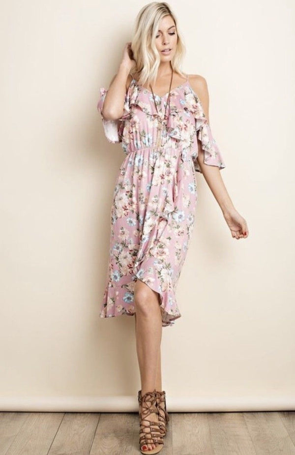 Floral Print Cold Shoulder Dress Ruffles Mauve - Athens Georgia Women's Fashion Boutique