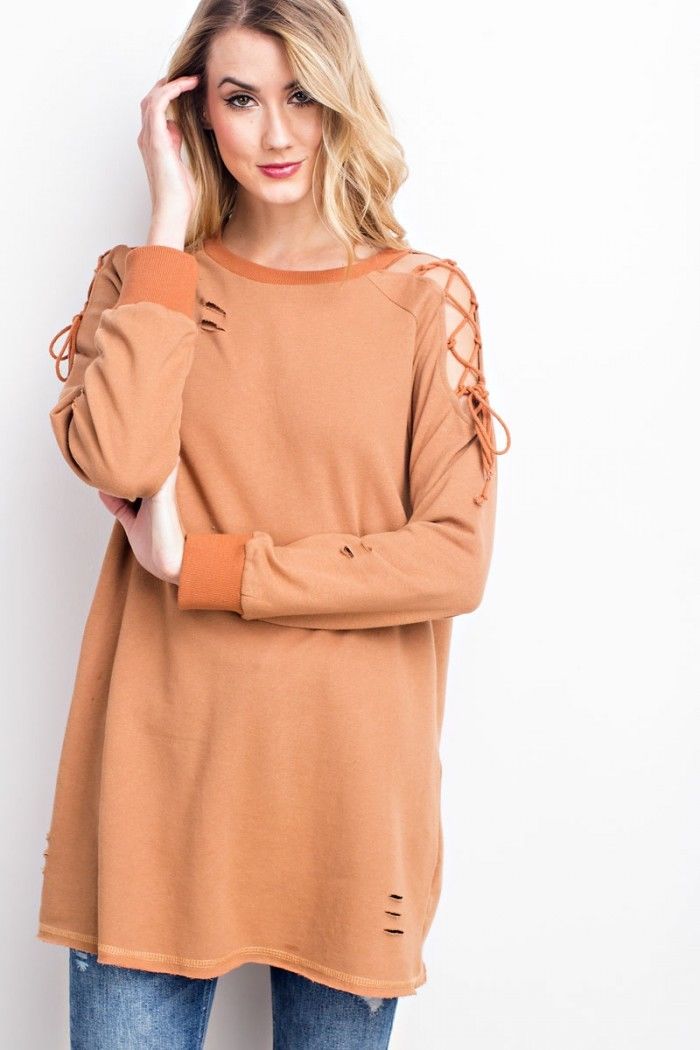 Soft Pullover Sweatshirt Lace Up Tunic Sienna - Athens Georgia Women's Fashion Boutique