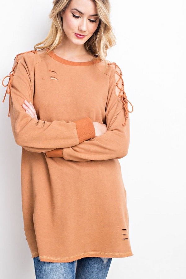 Soft Pullover Sweatshirt Lace Up Tunic Sienna - Athens Georgia Women's Fashion Boutique