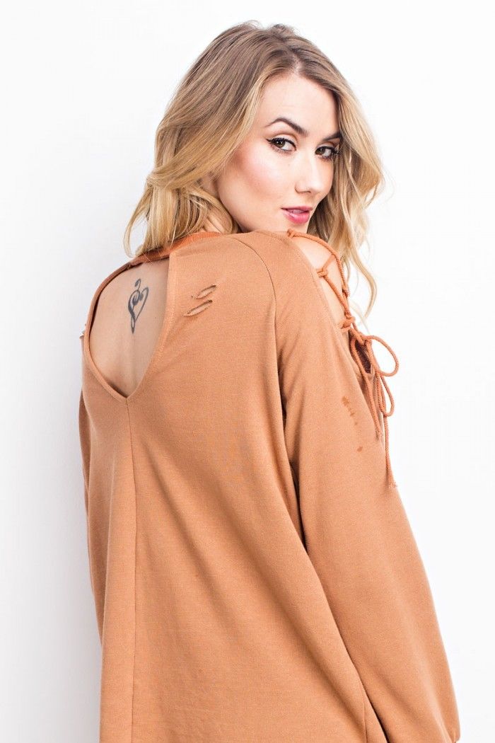 Soft Pullover Sweatshirt Lace Up Tunic Sienna - Athens Georgia Women's Fashion Boutique