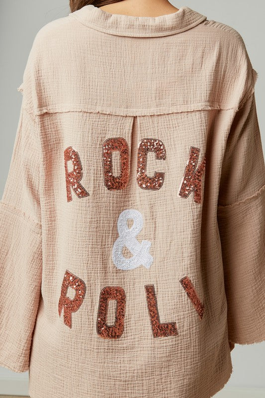 Sequin Rock & Roll Shirt Taupe
