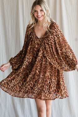 Open Overlapped Bubble Sleeve Dress Brown