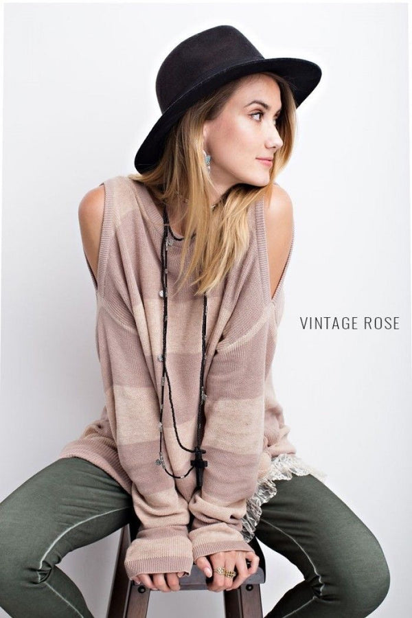 Striped Sweater Top Cold Shoulders Vintage Rose - Athens Georgia Women's Fashion Boutique
