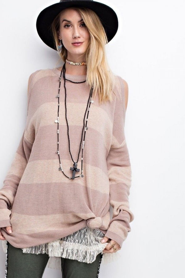 Striped Sweater Top Cold Shoulders Vintage Rose - Athens Georgia Women's Fashion Boutique