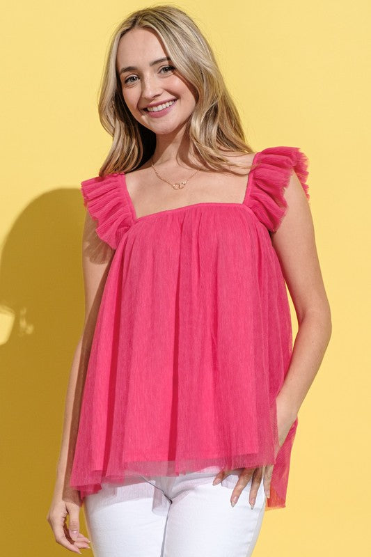 Tiered Ruffled Tulle Cami Tank Pink
