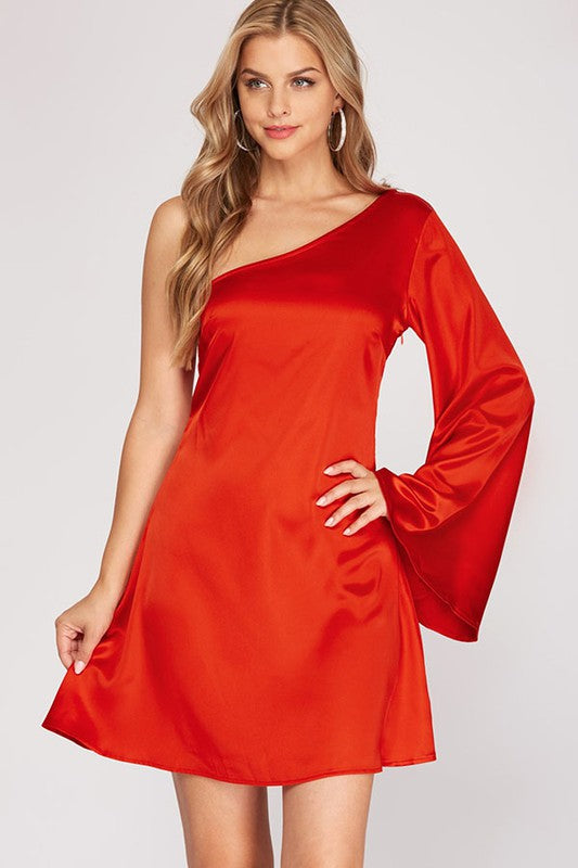 Satin Effect One Shoulder Mini Dress Tomato - Southern Fashion Boutique Bliss Satin Effect One Shoulder Mini Dress Tomato - Southern Fashion Boutique Bliss