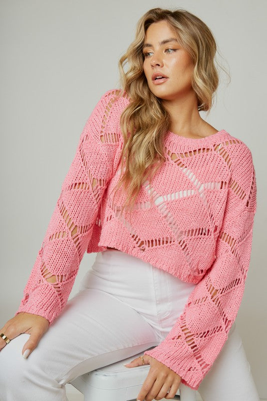 Open Stitch Boxy Knit Top Pink