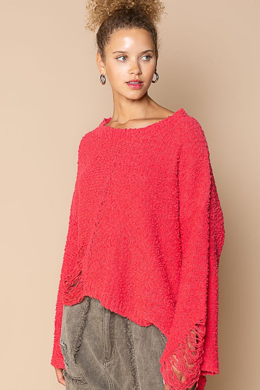 Distressed Oversize Popcorn Sweater Coral Red