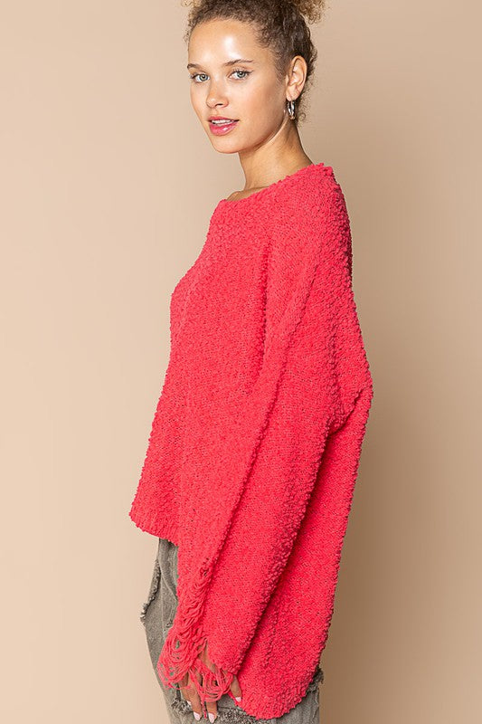 Distressed Oversize Popcorn Sweater Coral Red