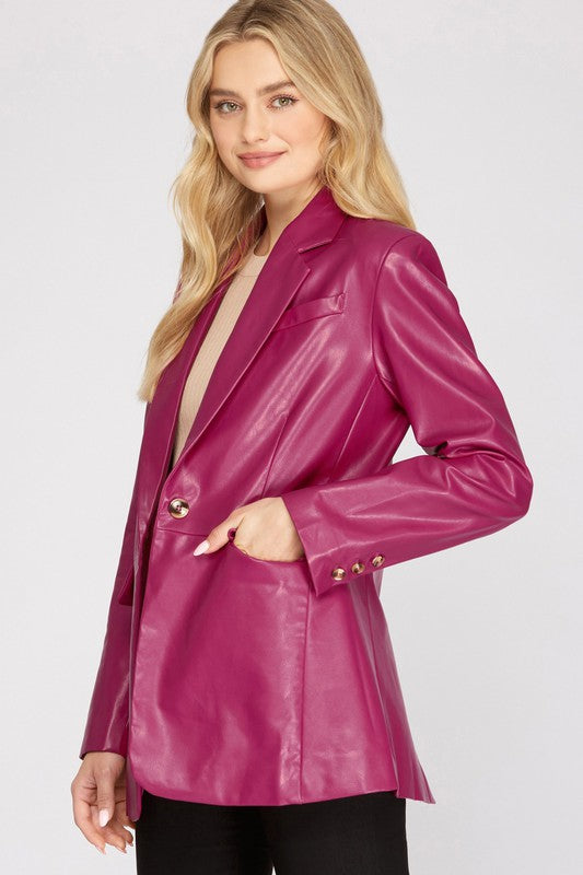 Long Sleeve Faux Leather Blazer Fuchsia Southern Fashion Boutique Bliss