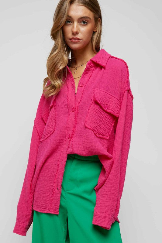 Patched Pocket Button Front Top Pink
