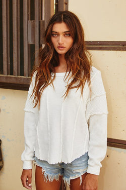 Raw Edge Details Solid Waffle Knit Top White