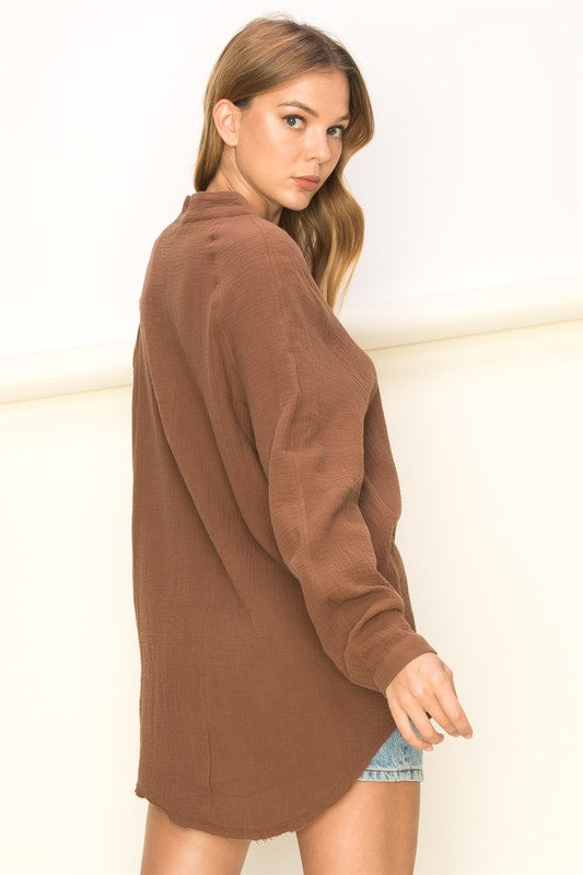 Long Sleeve Button Front Top Brown