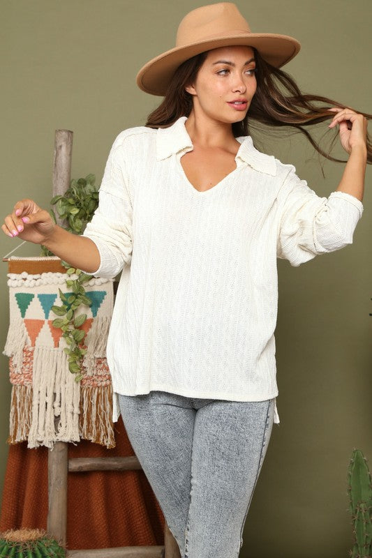 Ribbed Knit Collar Top Ivory