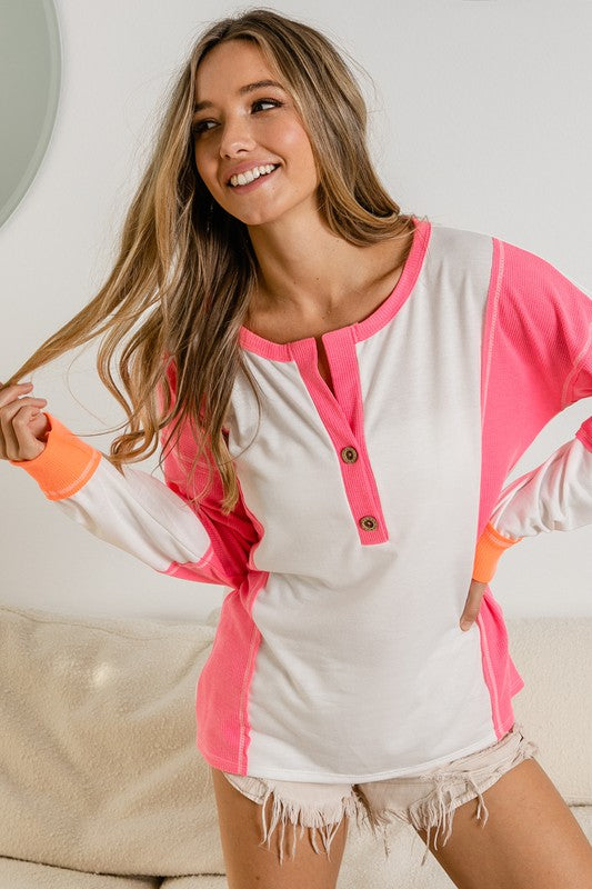 Thermal Color Block Henley Top White/Pink