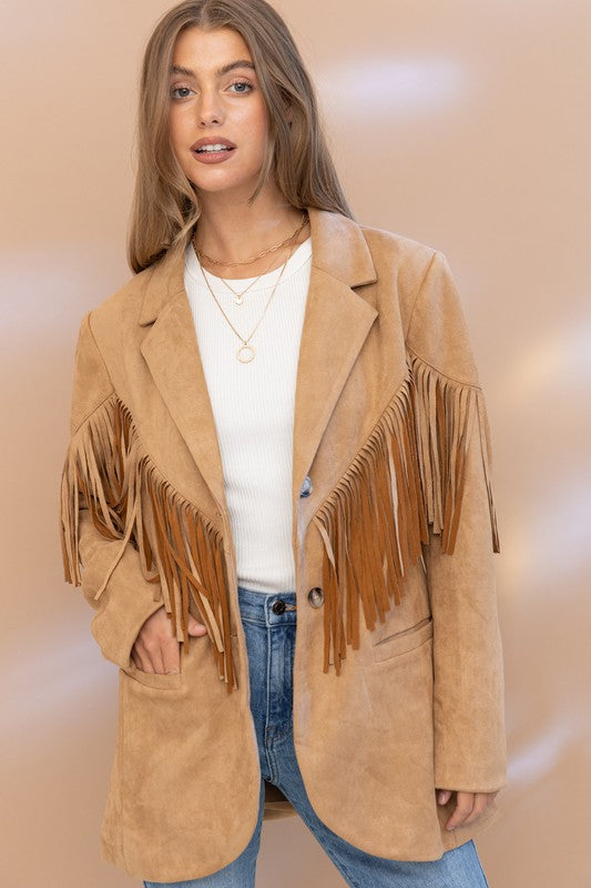 Suede Fringe Single Blazer Taupe