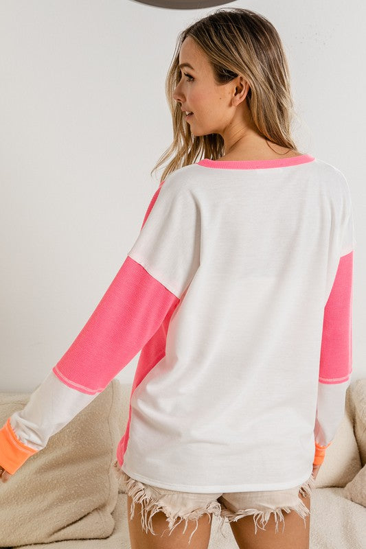Thermal Color Block Henley Top White/Pink