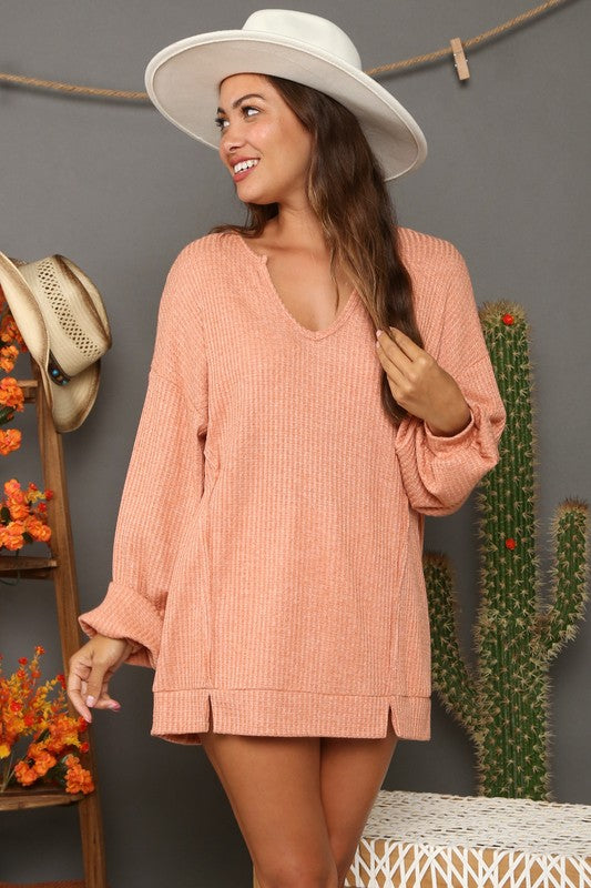 Two Tone Waffle Loose Fit Top Rust