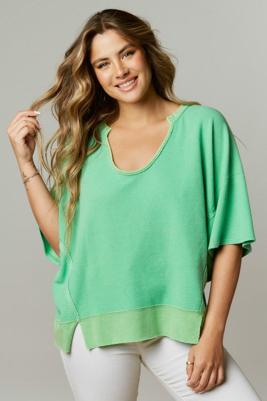 Washed Contrast Boxy Thermal Tee Green