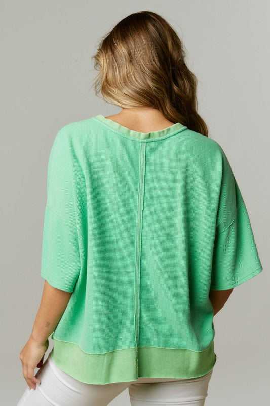 Washed Contrast Boxy Thermal Tee Green