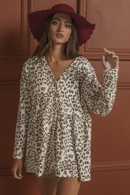 Leopard French Terry Button Down Top Ivory