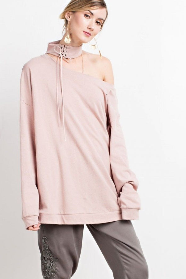 Laced Up Mock Neck Cutout Top Vintage Rose - Athens Georgia Women's Fashion Boutique