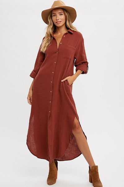 Button Up Maxi Shirt Dress Brick