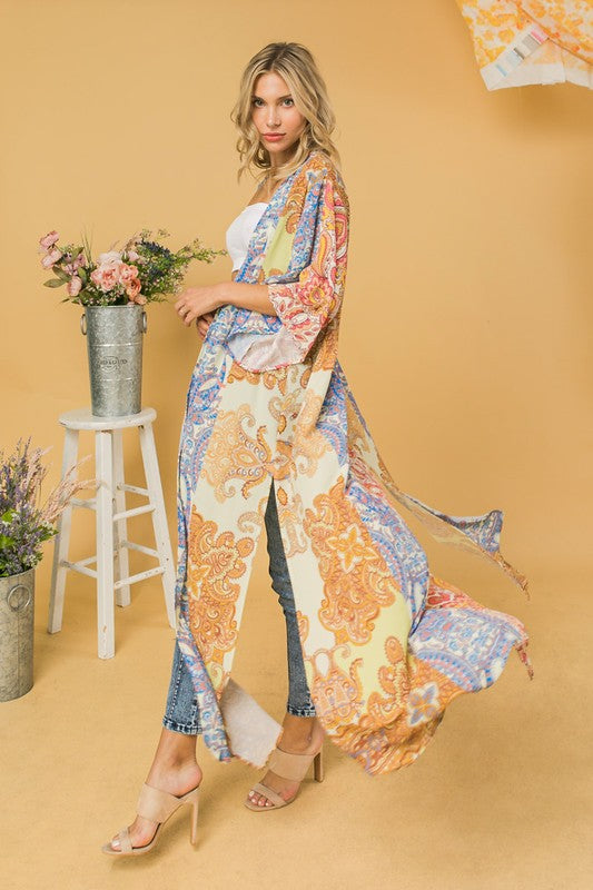 Woven Print Maxi Kimono Multi-Color