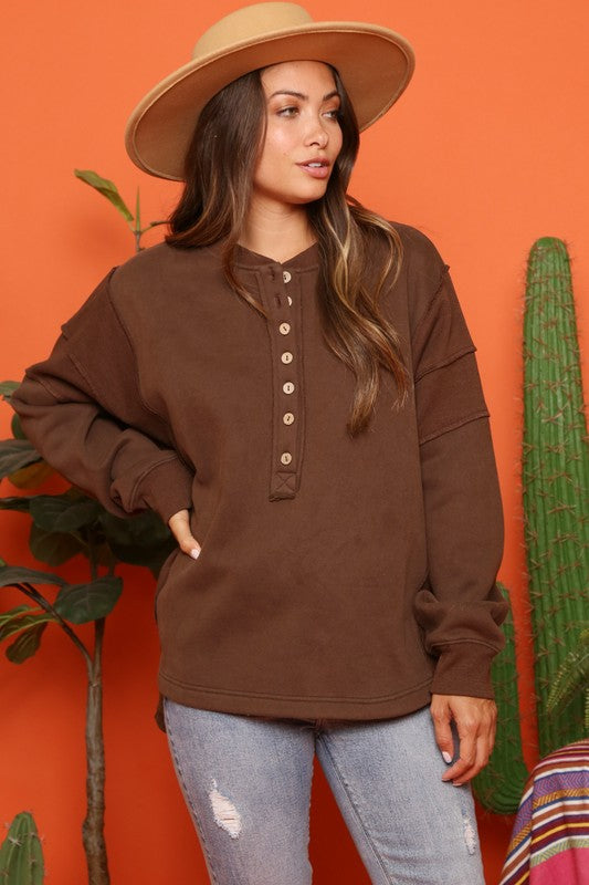 Brushed Loose Fit Henley Top Choco