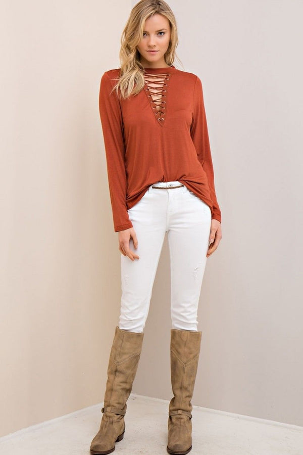 Long Sleeve Lace Up Top Cinnamon - Athens Georgia Women's Fashion Boutique