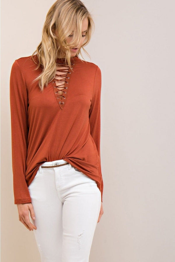 Long Sleeve Lace Up Top Cinnamon - Athens Georgia Women's Fashion Boutique