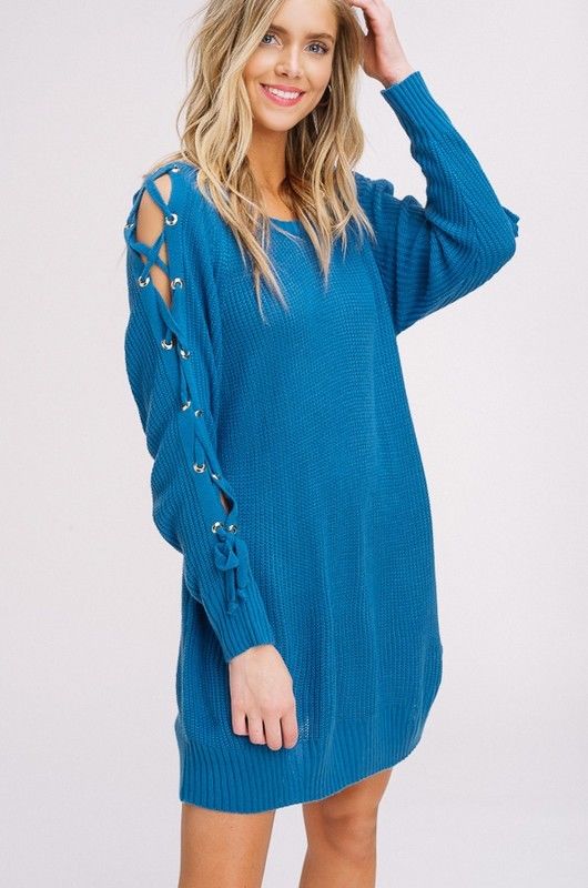 Knit Lace Up Split Sleeves Sweater Blue - Athens Georgia Women's Fashion Boutique