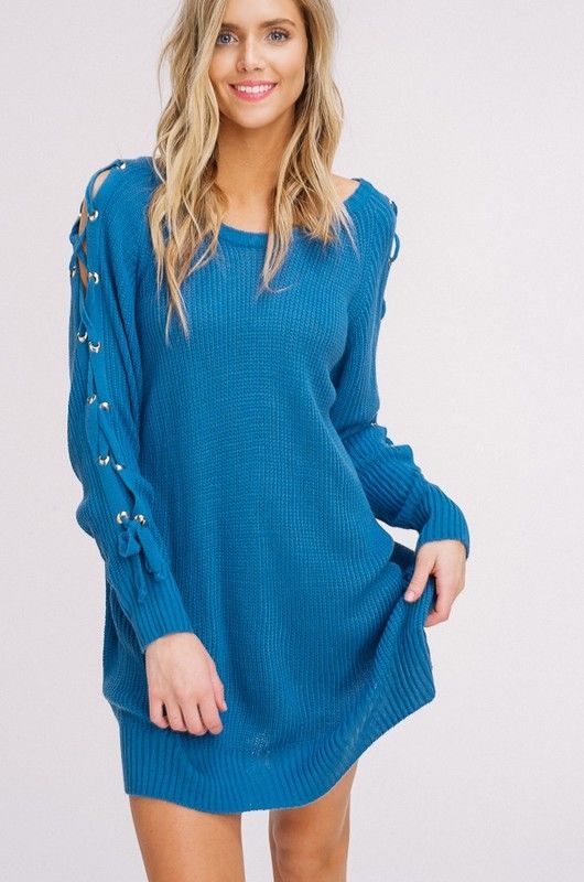 Knit Lace Up Split Sleeves Sweater Blue - Athens Georgia Women's Fashion Boutique