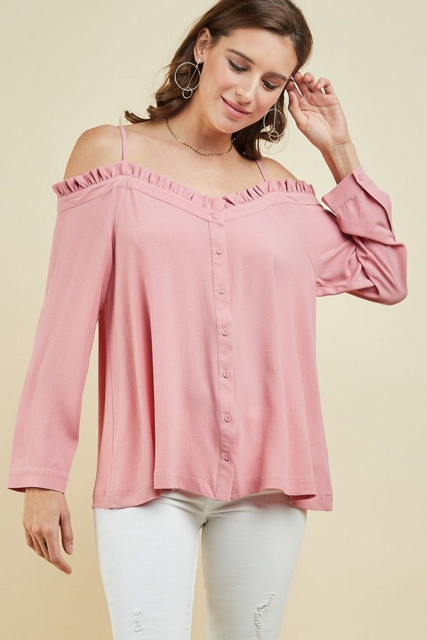 Off Shoulder Button Up Ruffle Top Dusty Rose - Athens Georgia Women's Fashion Boutique