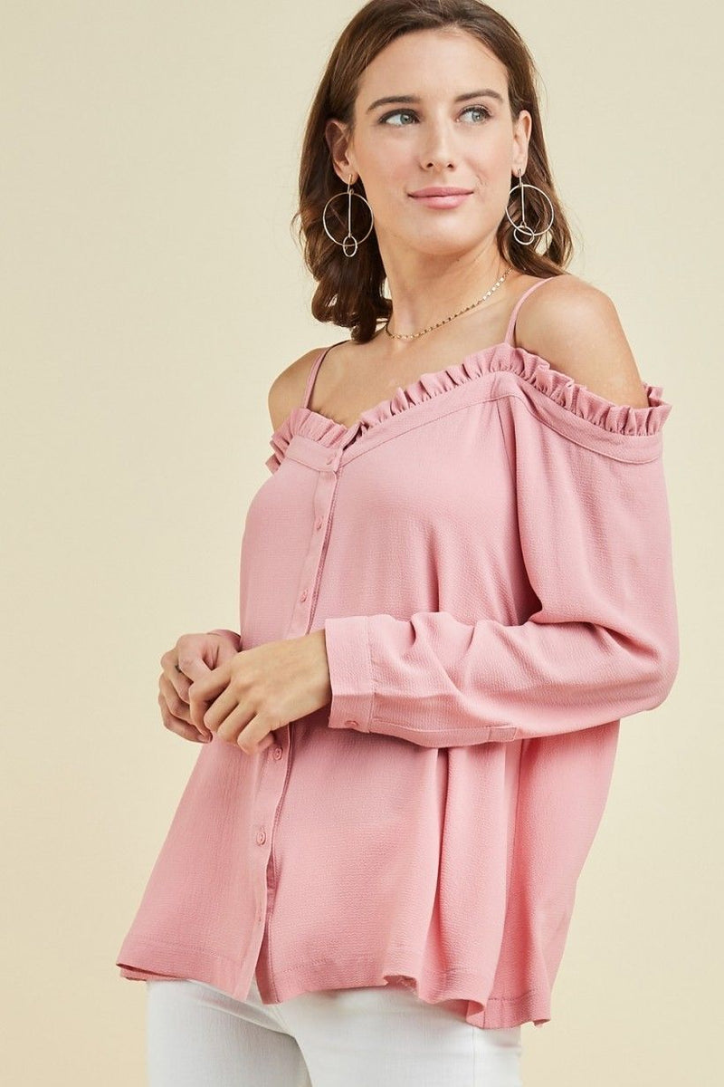 Off Shoulder Button Up Ruffle Top Dusty Rose - Athens Georgia Women's Fashion Boutique