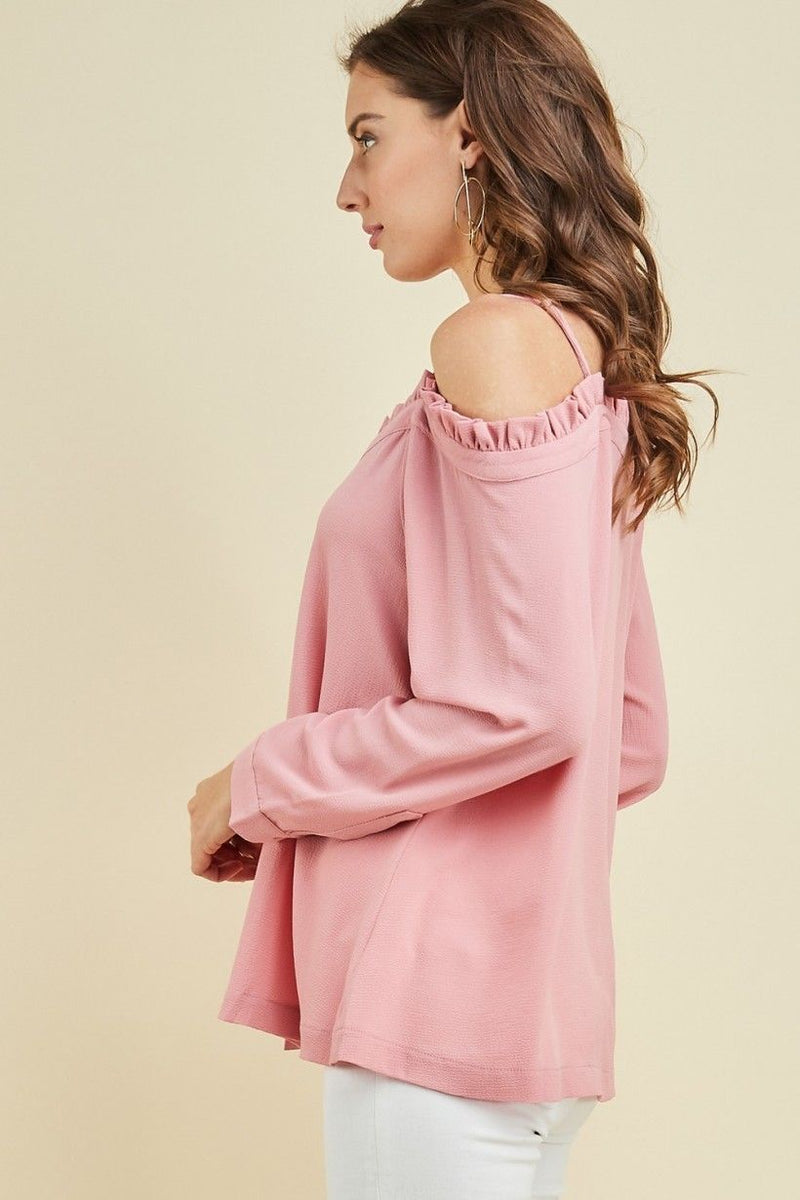 Off Shoulder Button Up Ruffle Top Dusty Rose - Southern Fashion Boutique  Bliss