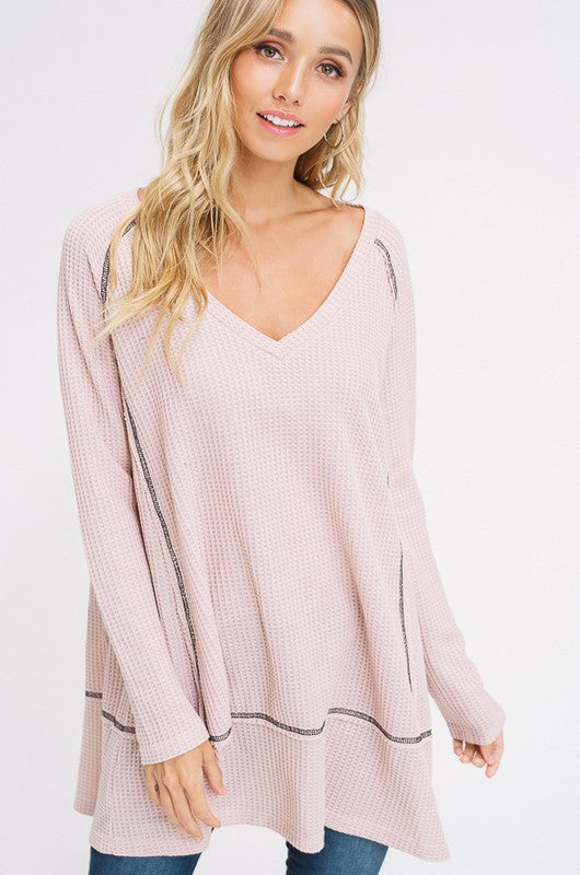 Waffle Textured V-Neck Knit Tunic Top Blush - Athens Georgia Women's Fashion Boutique