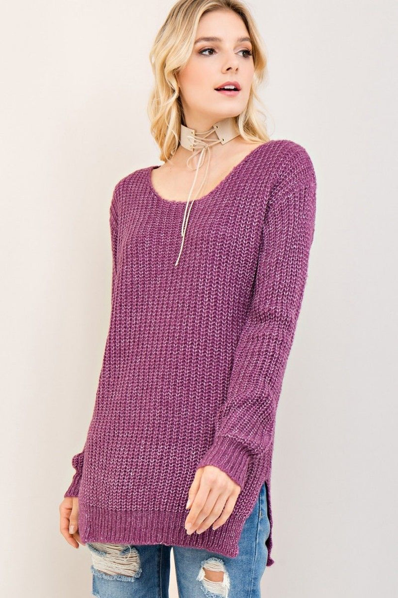 Solid Sweater Top Strappy Back Detail Grape - Athens Georgia Women's Fashion Boutique