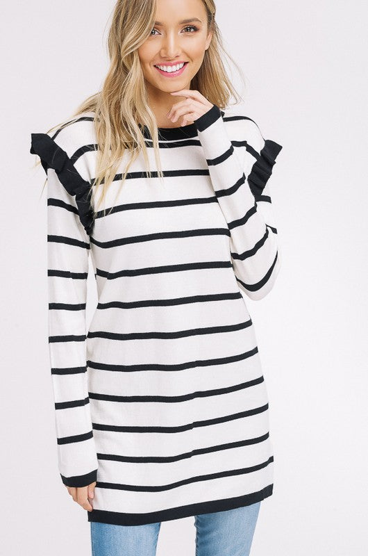Ruffle Striped Tunic Top Oatmeal - Athens Georgia Women's Fashion Boutique